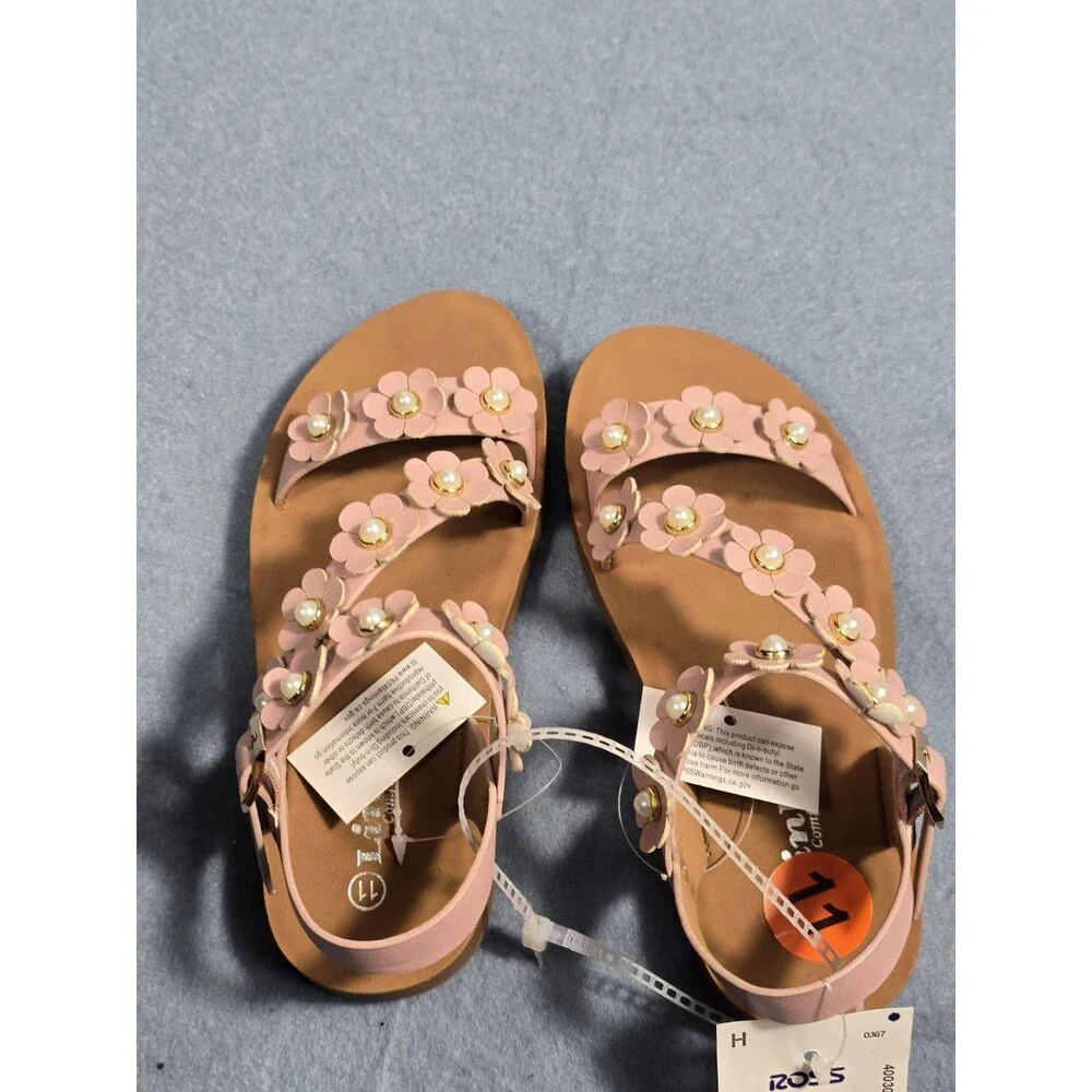 Toddler Girls Pink Floral Sandals or Girls Summer Open Toe Floral Flat Shoes 11
